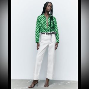 Zara White Belted High Rise Straight Jeans